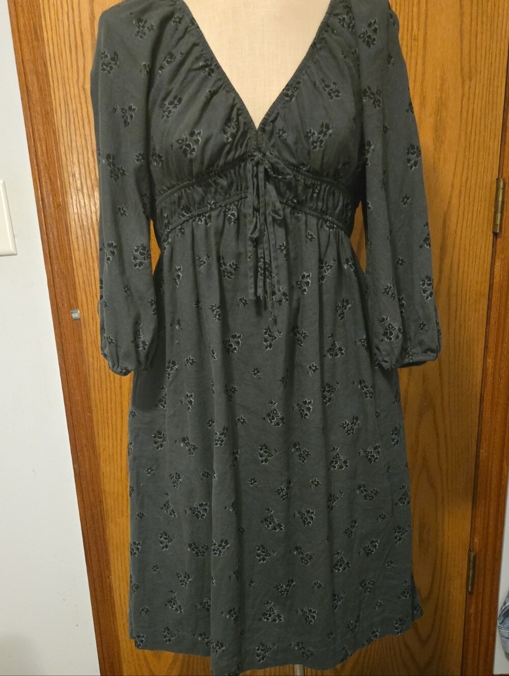 V-Neck Empire Waist Midi Dress in Hunter Green With Navy Floral Accents